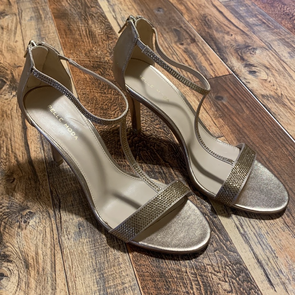 Pelle Moda Crystal and Gold High Heel Sandals Ankle Strap, formal wedding heels